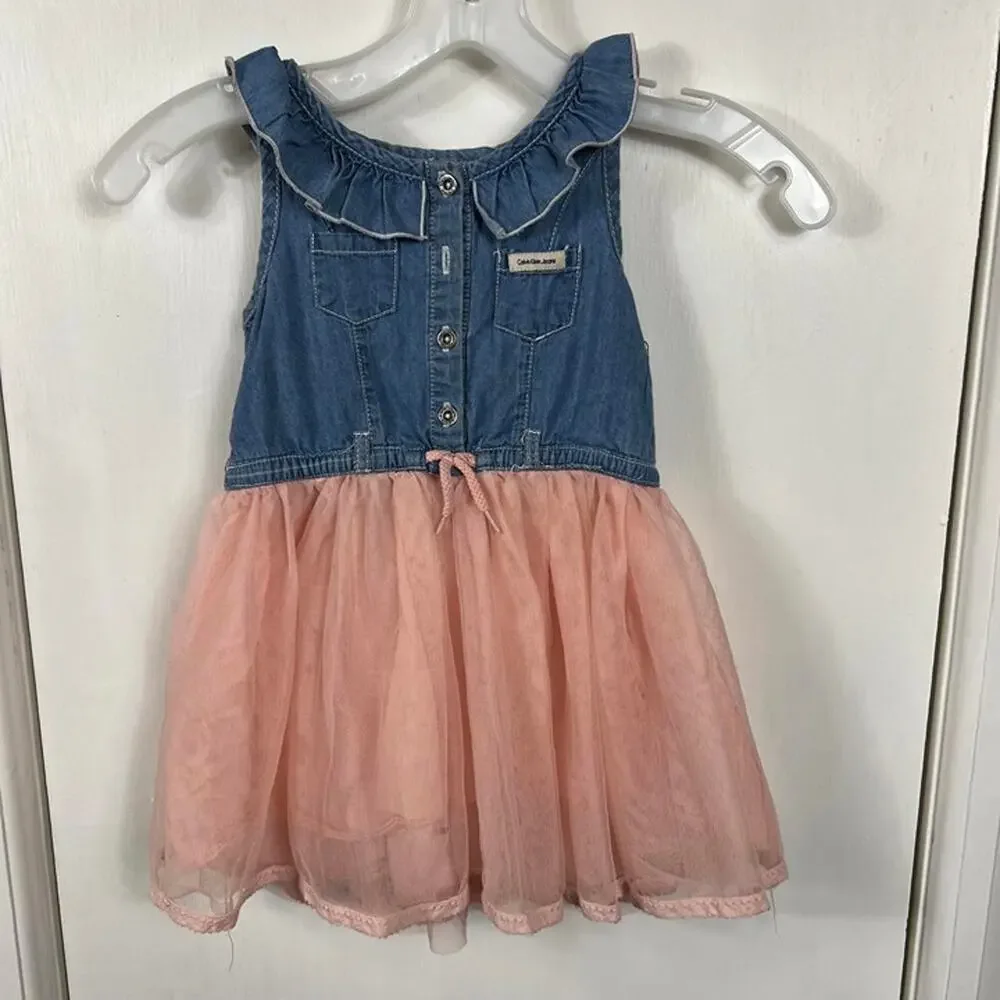 Calvin Klein Jeans Girls Denim & Pink Tulle Dress Ruffle Button Front Size 4T